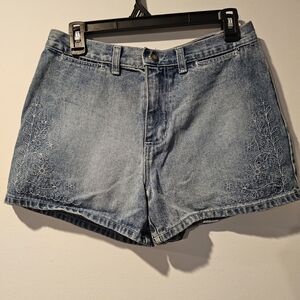 Y2K Denim Shorts Floral Embroidered High Rise Blue Jean Shorts